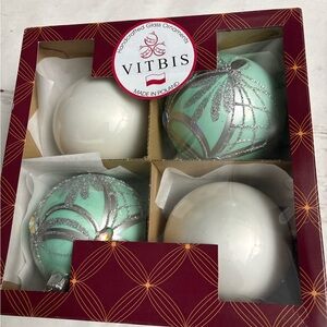 4 Vitbis Christmas Glass Ornaments Mint And White Large Glitter Handmade Poland